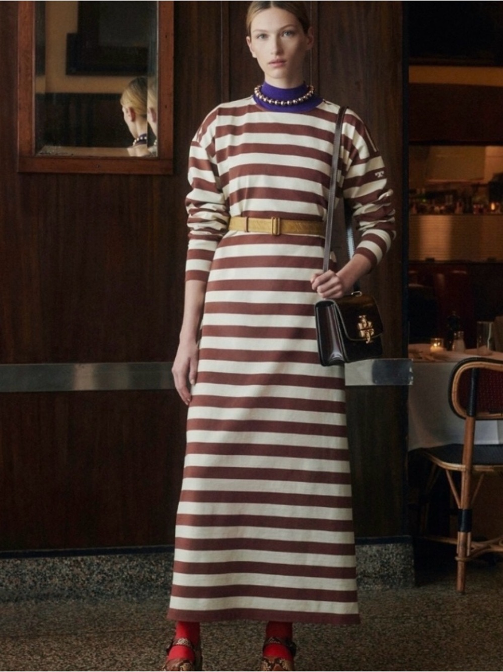 Tory Burch Brown & Cream Striped Maxi Dress
